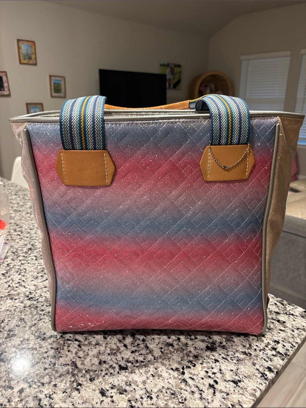 Consuela Pink and Blue Ombre Tote with Striped Handles - Picture 2 of 4